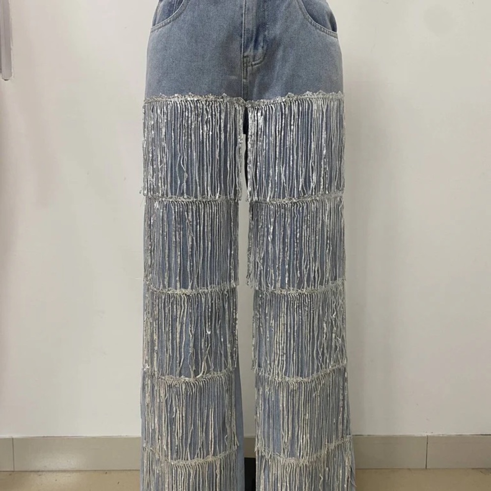 High-Waist Fringe Denim Jeans | Statement Wide-Leg (black) - Picture 3 of 5